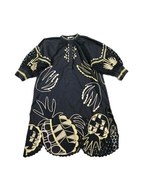 Jazmin Chebar Midi Dress Black Embroidered Pineapples Puff Sleeves Boho Resort